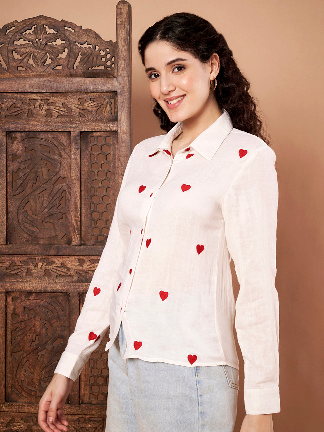 White Cotton Shirt with Red Heart Embroidery right side