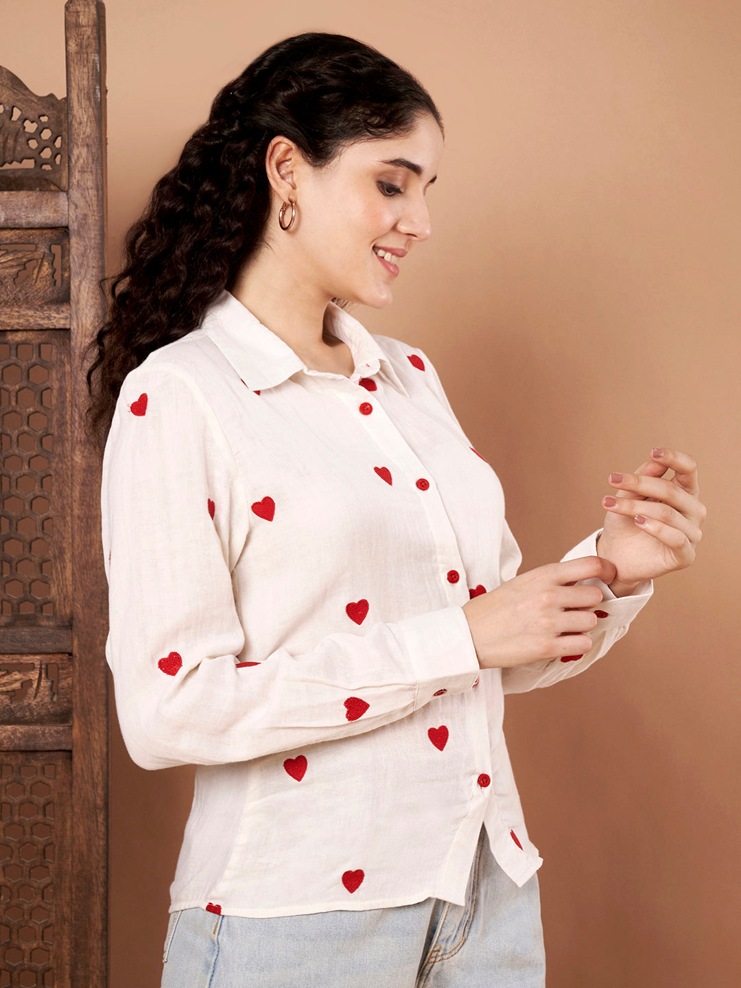 White Cotton Shirt with Red Heart Embroidery left side