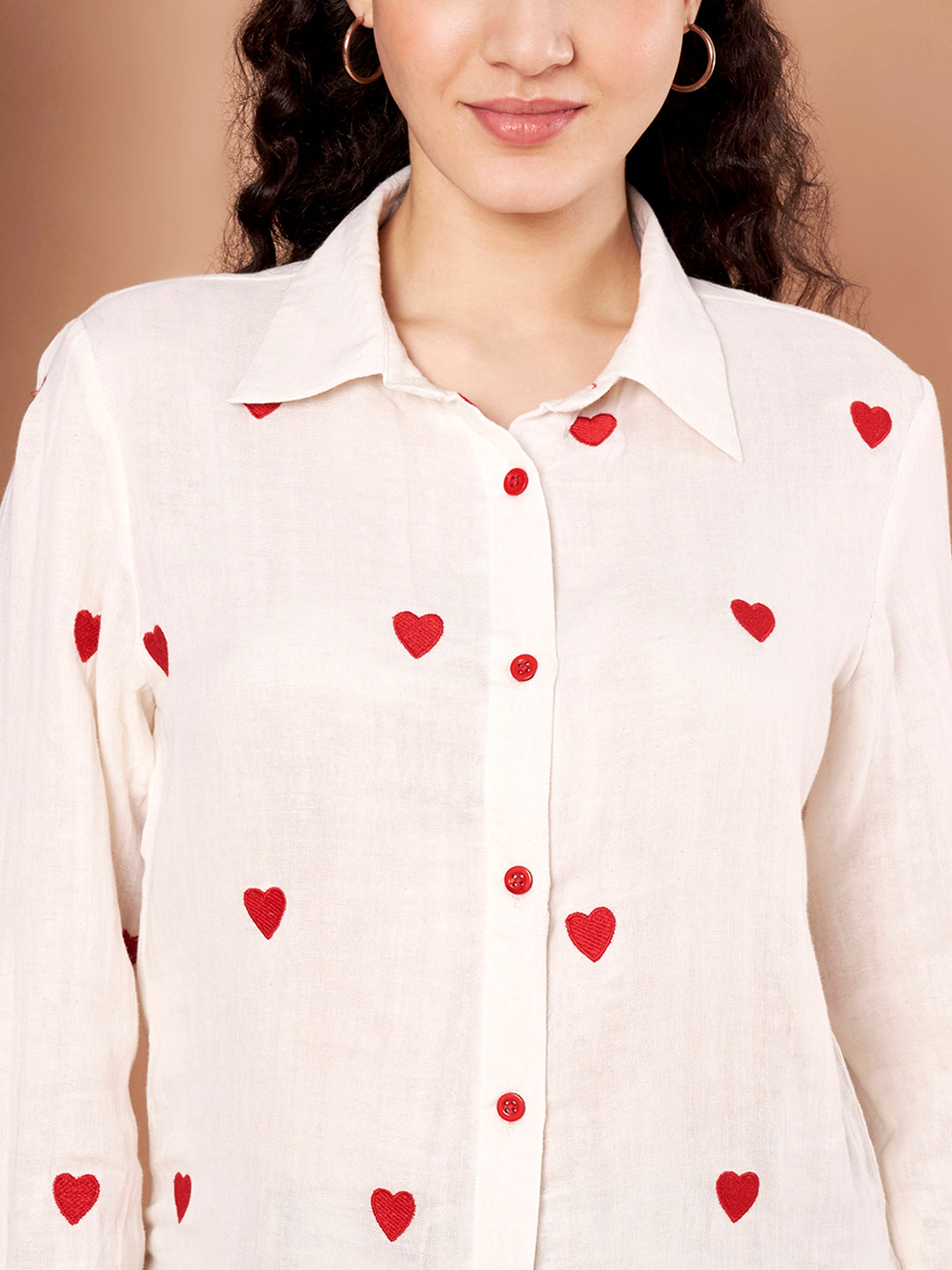 White Cotton Shirt with Red Heart Embroidery close up