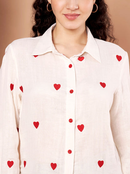 White Cotton Shirt with Red Heart Embroidery close up