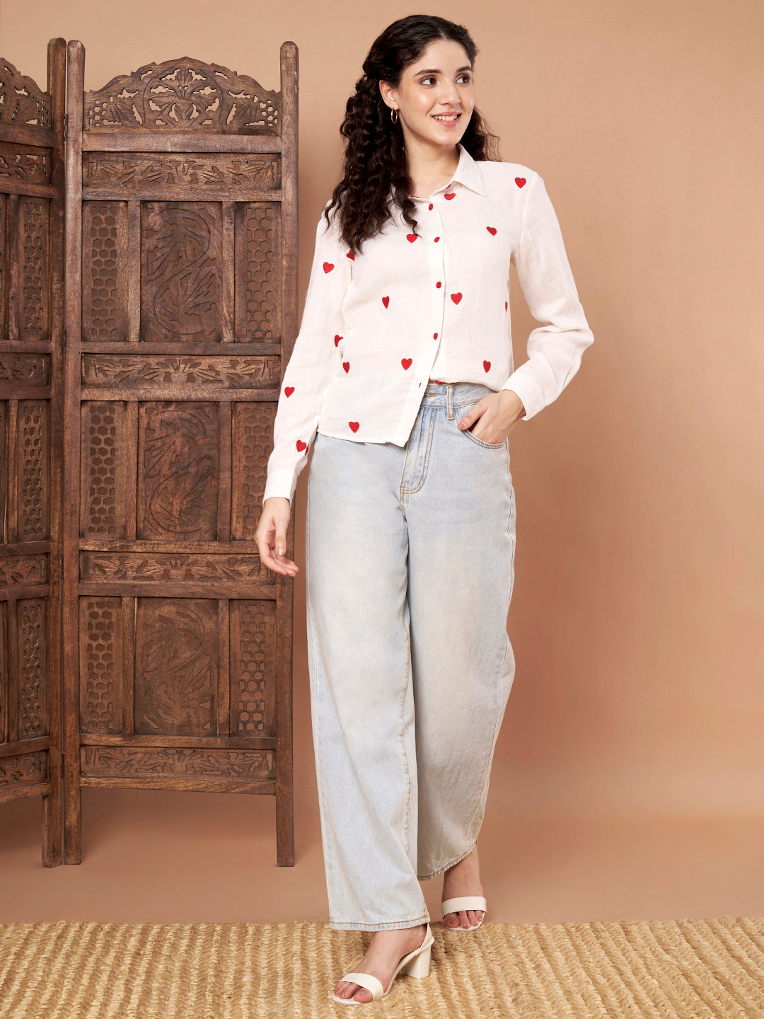 White Cotton Shirt with Red Heart Embroidery front view