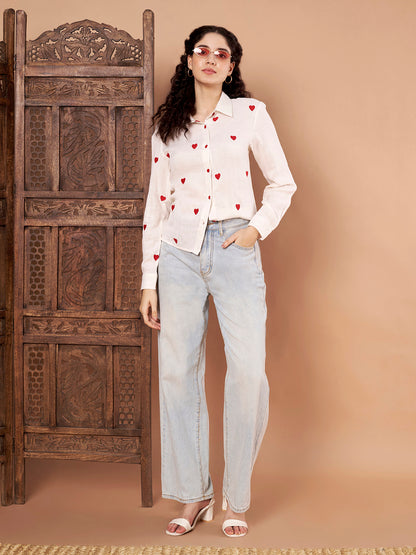 White Cotton Shirt with Red Heart Embroidery full view