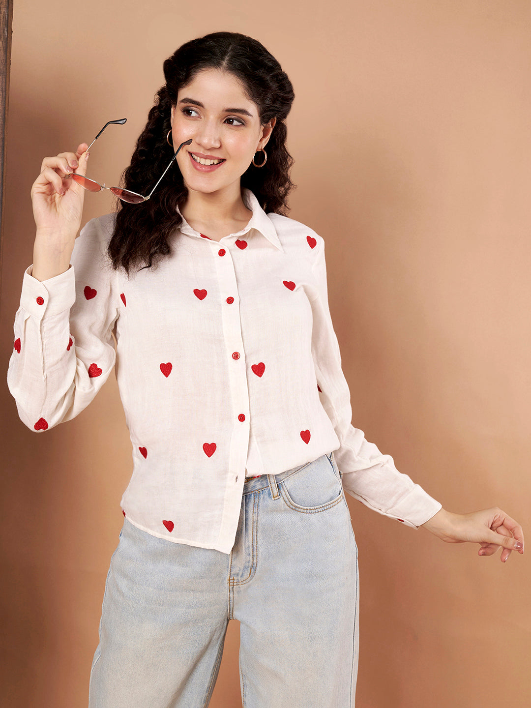 White Cotton Shirt with Red Heart Embroidery