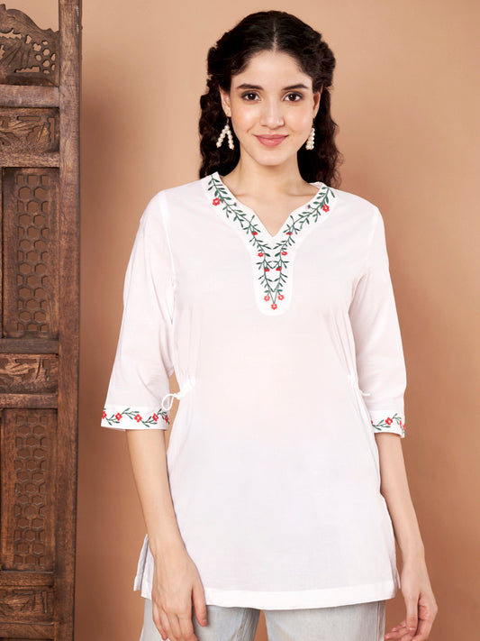 White Cotton Embroidery Kurti
