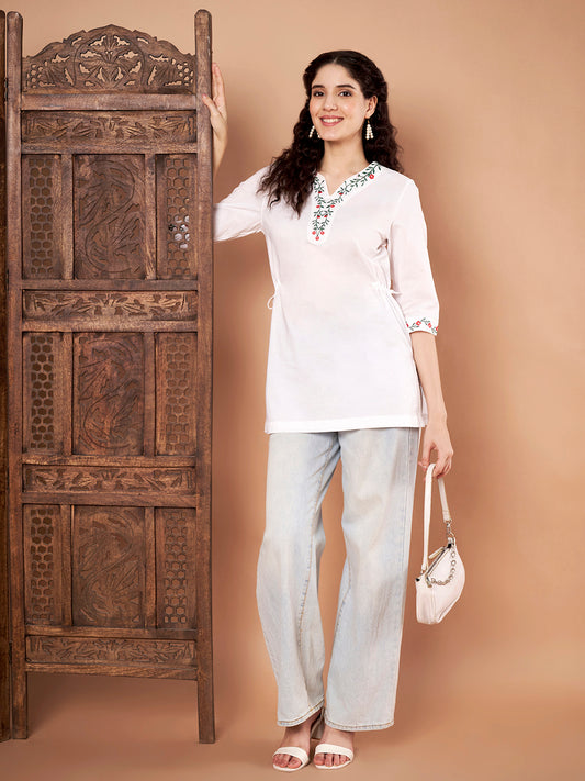 White Cotton Embroidery Kurti online