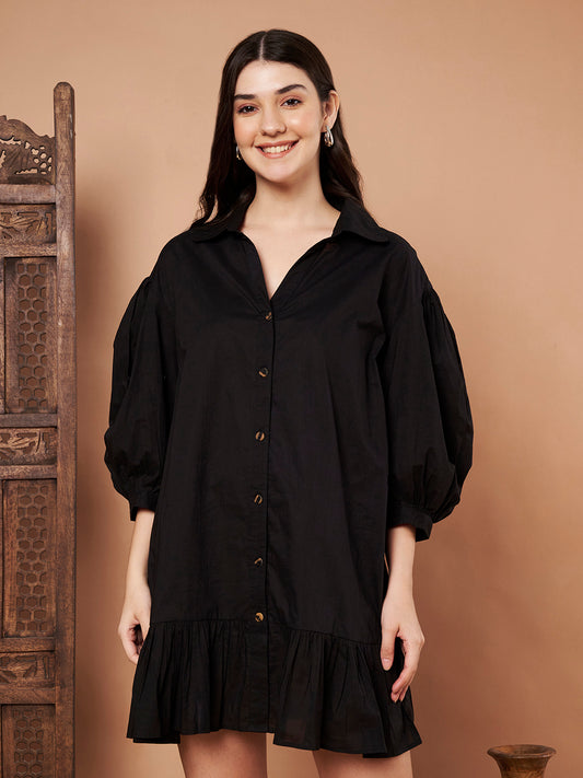 Black cotton shirt-dress for women – relaxed fit with ruffle hem