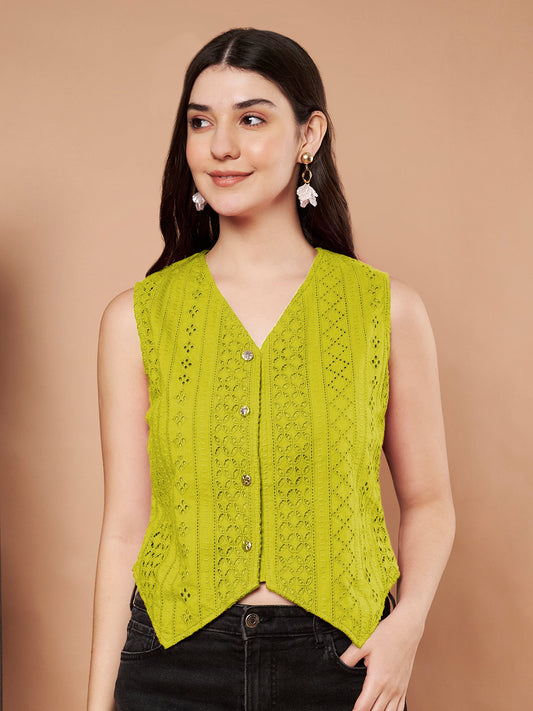 Lime green schiffli sleeveless vest top for women
