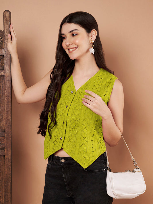 Side view of women’s lime green sleeveless schiffli top