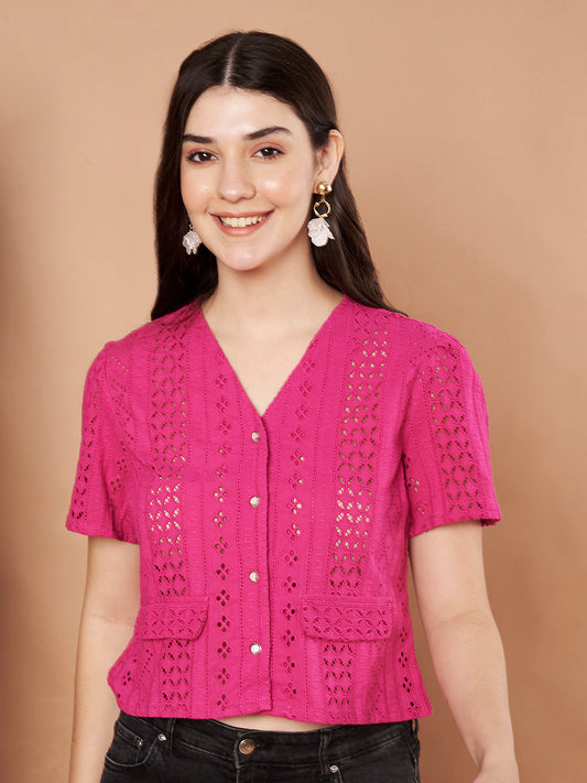 Magenta cotton Schiffli top for women