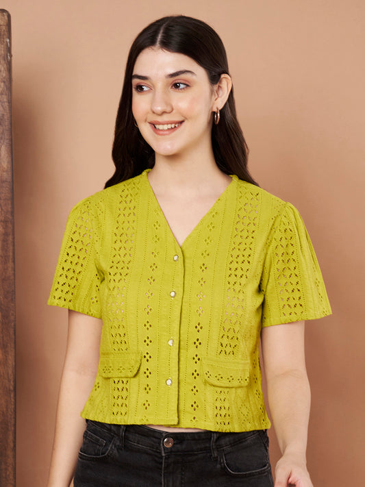Lime green cotton Schiffli top for women