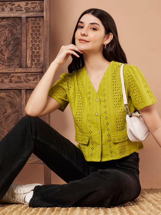 Women’s lime green Schiffli cotton top front view