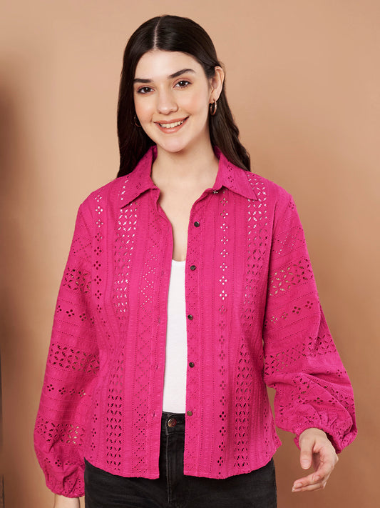 Women’s magenta Schiffli cotton shirt front view