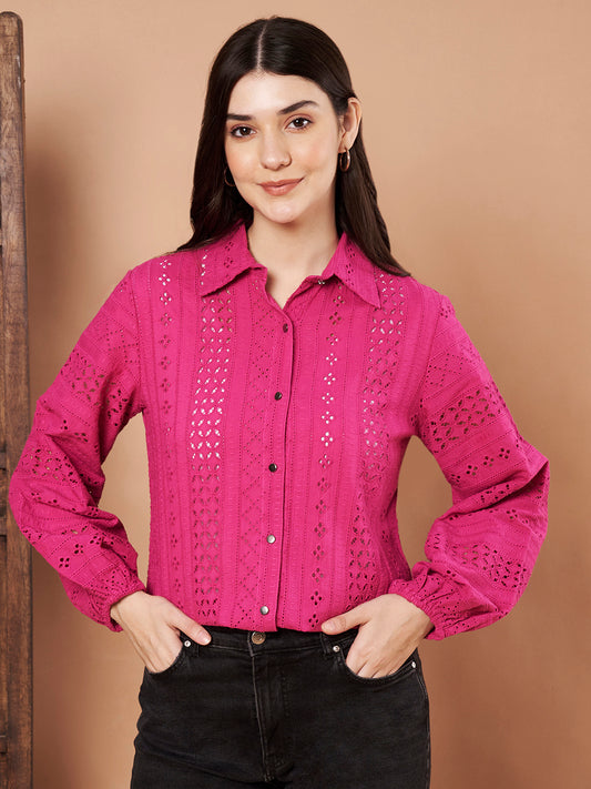Magenta cotton Schiffli shirt for women