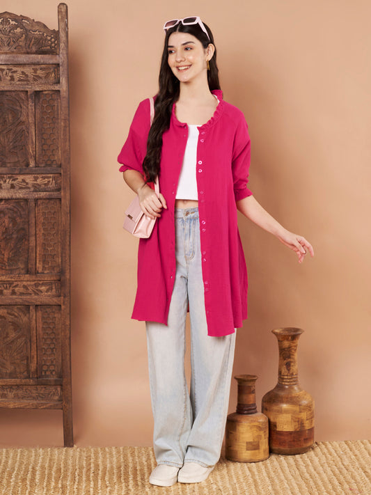 Pink cotton long shirt – short sleeves, breathable summer wear
