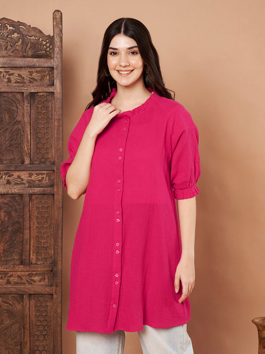 Pink cotton short sleeve long shirt for women – front view
