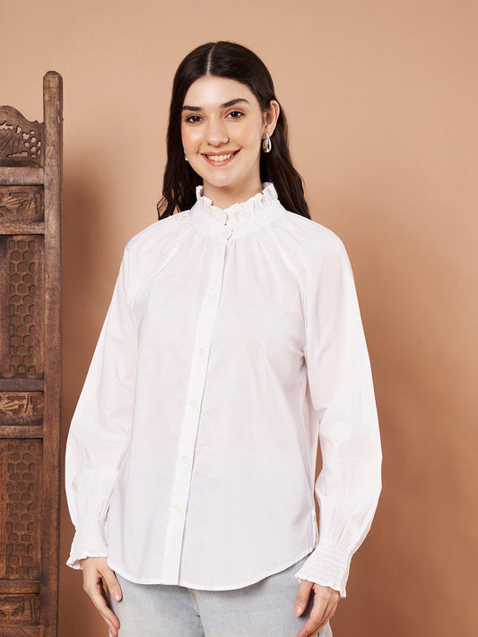 White cotton ruffle neck button-down shirt for women – breathable fabric