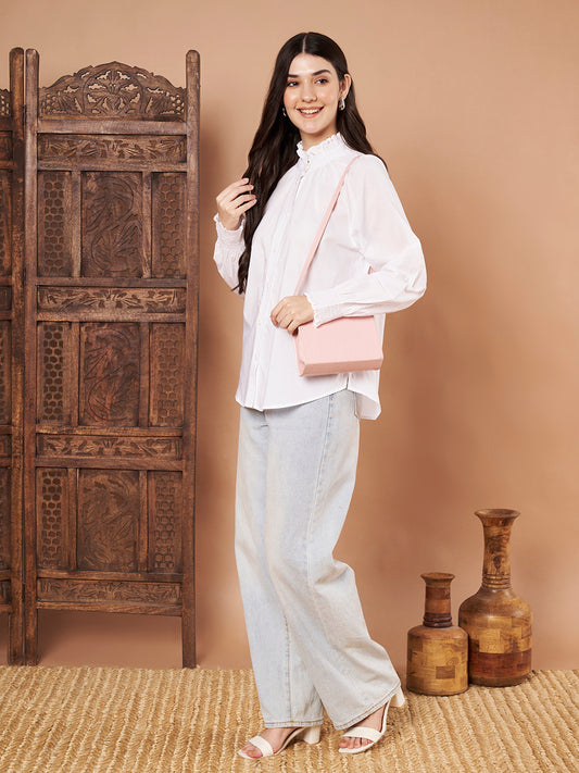 Right view of white cotton ruffle neck shirt – relaxed fit design