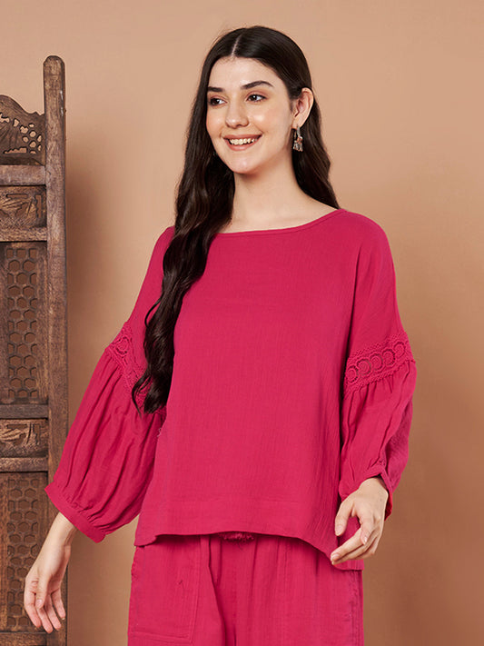 Pink cotton top with lace sleeves for women – front view