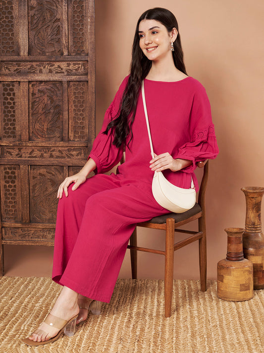 Pink cotton lace sleeve top – breathable cotton fabric