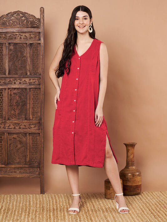 Red Sleeveless Cotton Button-Down Dress for Women
