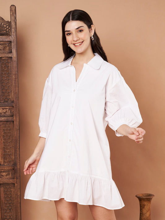 White cotton shirt dress for women – relaxed fit with ruffle hem