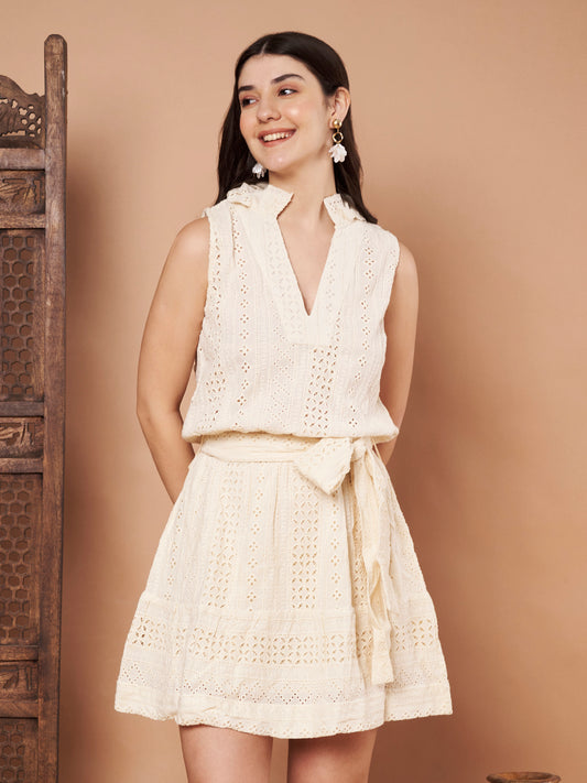 White cotton mandarin collar fit and flare schiffli dress – front view