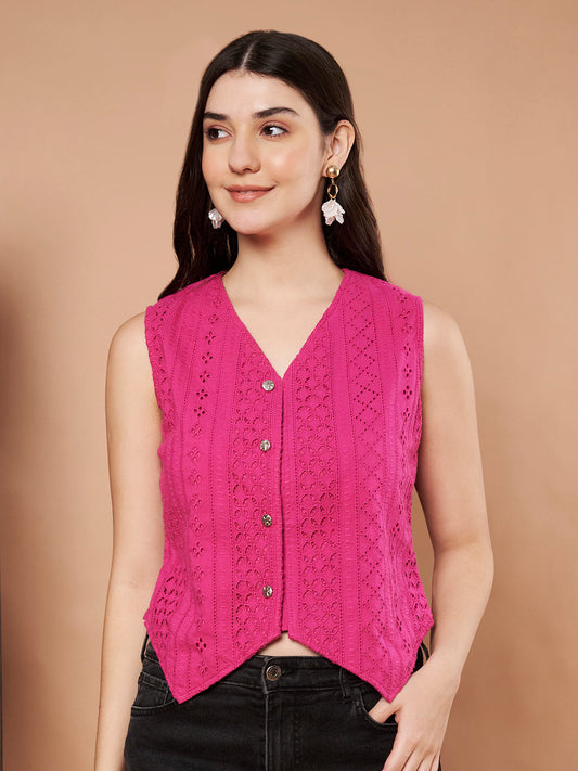 Hot Pink Schiffli Cotton Sleeveless Top