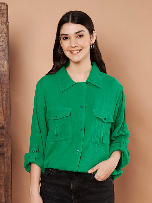 Green Cotton Button-Down Shirt for women