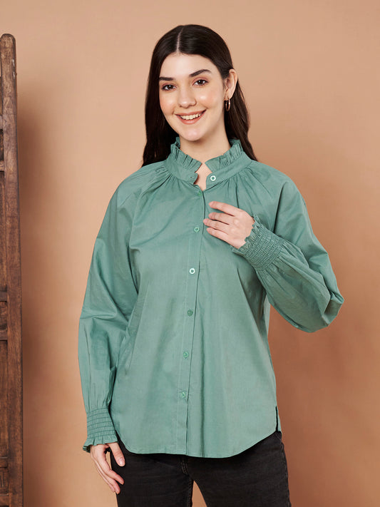 Green cotton ruffle neck button-down shirt for women – breathable fabric