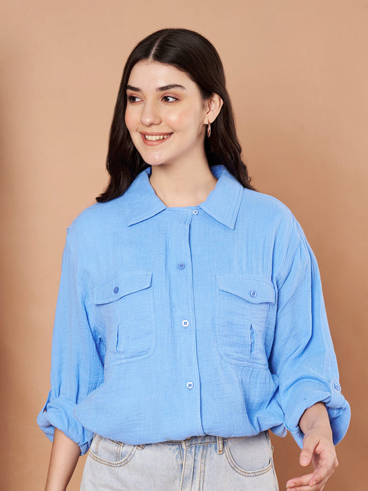 Sky Blue Cotton Button-Down Shirt