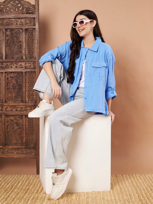 Sky Blue Cotton Button-Down Shirt for women
