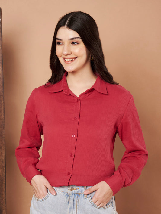 Red cotton top for women – long sleeve button-down style