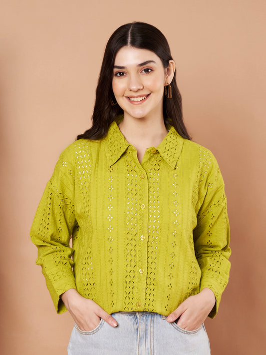 Front view of lime green schiffli cotton shirt for women – long sleeve
