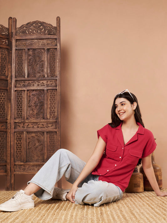 Model wearing brick red cotton short sleeve top with casual jeans