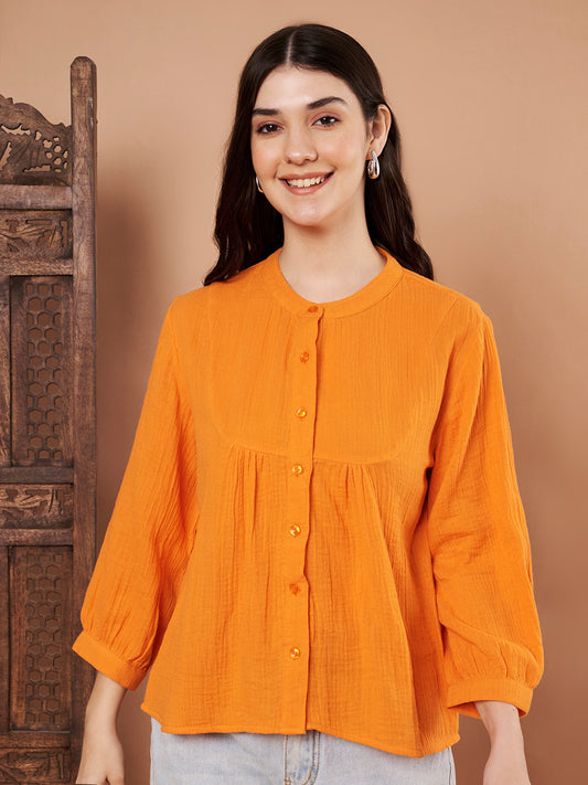 Orange cotton top for women – ¾ sleeve button-down style