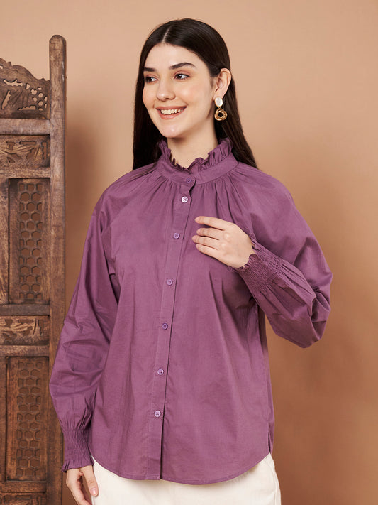 Purple cotton ruffle neck button-down shirt for women – breathable fabric