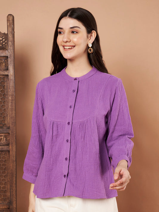 Purple cotton ¾-sleeve button-down top for women – 100% cotton