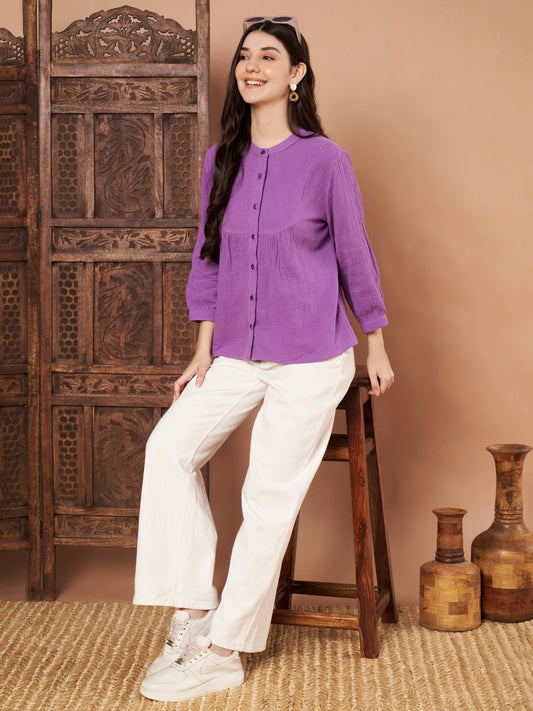 Front view of purple cotton button-down top with ¾ sleeves for women