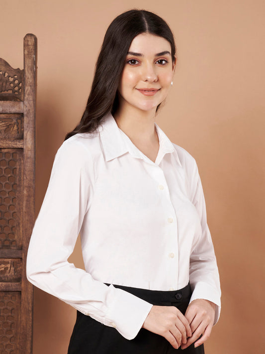 Left view of women’s white cotton button-down formal shirt