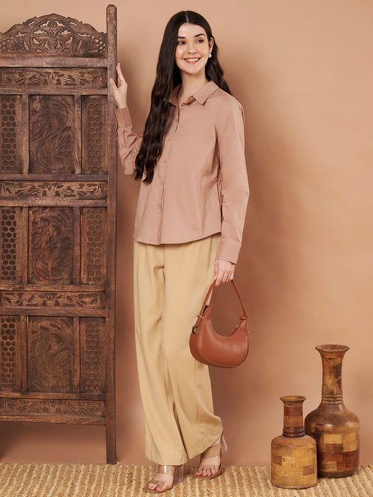 Beige Cotton Formal Shirt – Classic Long Sleeve Button-Down