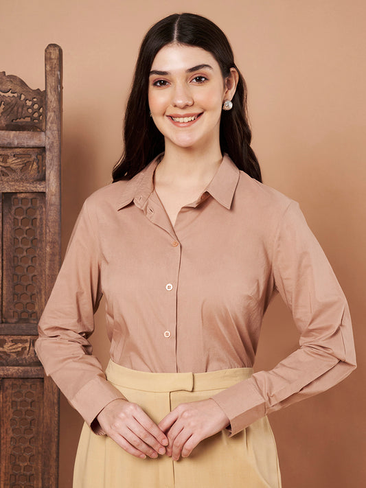 Beige Cotton Formal Shirt – Classic Long Sleeve Button-Down