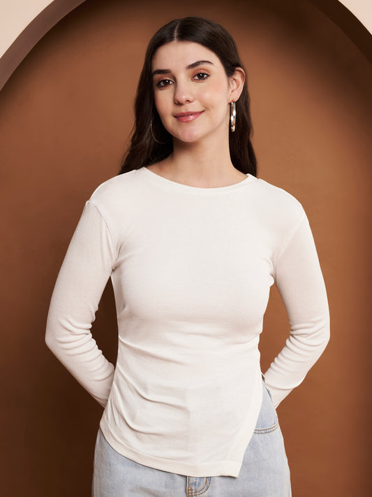 Off-white rib knit full sleeve cotton top for women