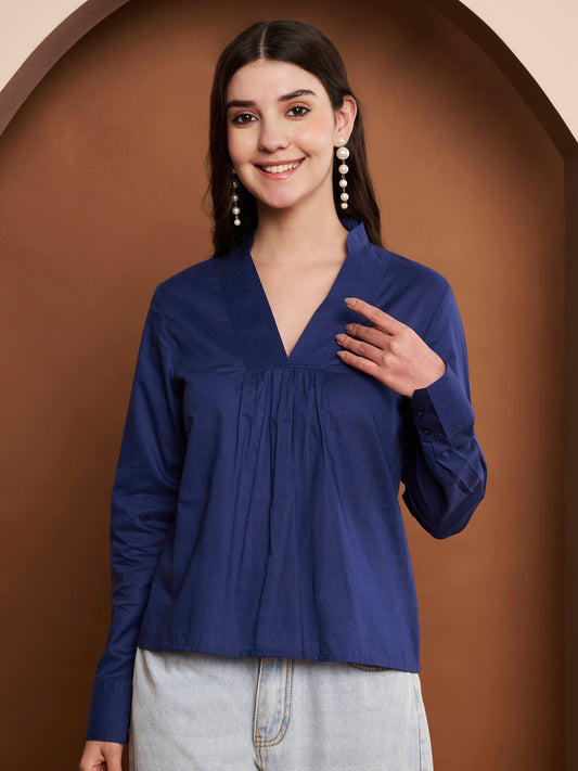 Navy blue pleated cotton v-neck top for women