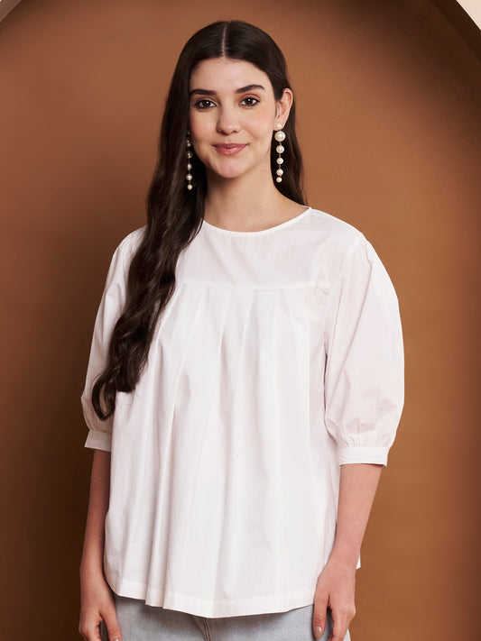 White cotton pleated top for women – front view with puff sleeves