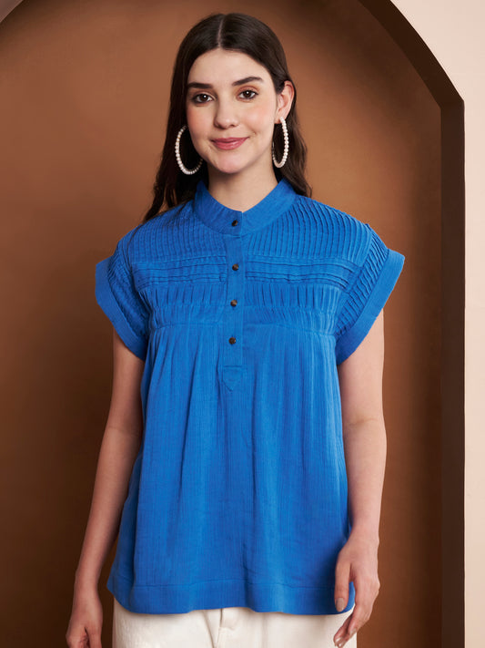 Navy blue pleated cotton top for women – mandarin collar