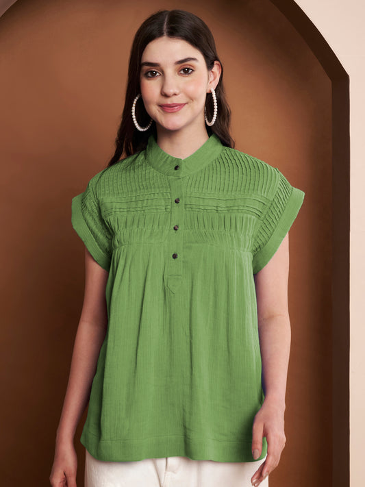 Green Mandarin Collar Sleeveless Pleated Yoke 100% Cotton Top for Women