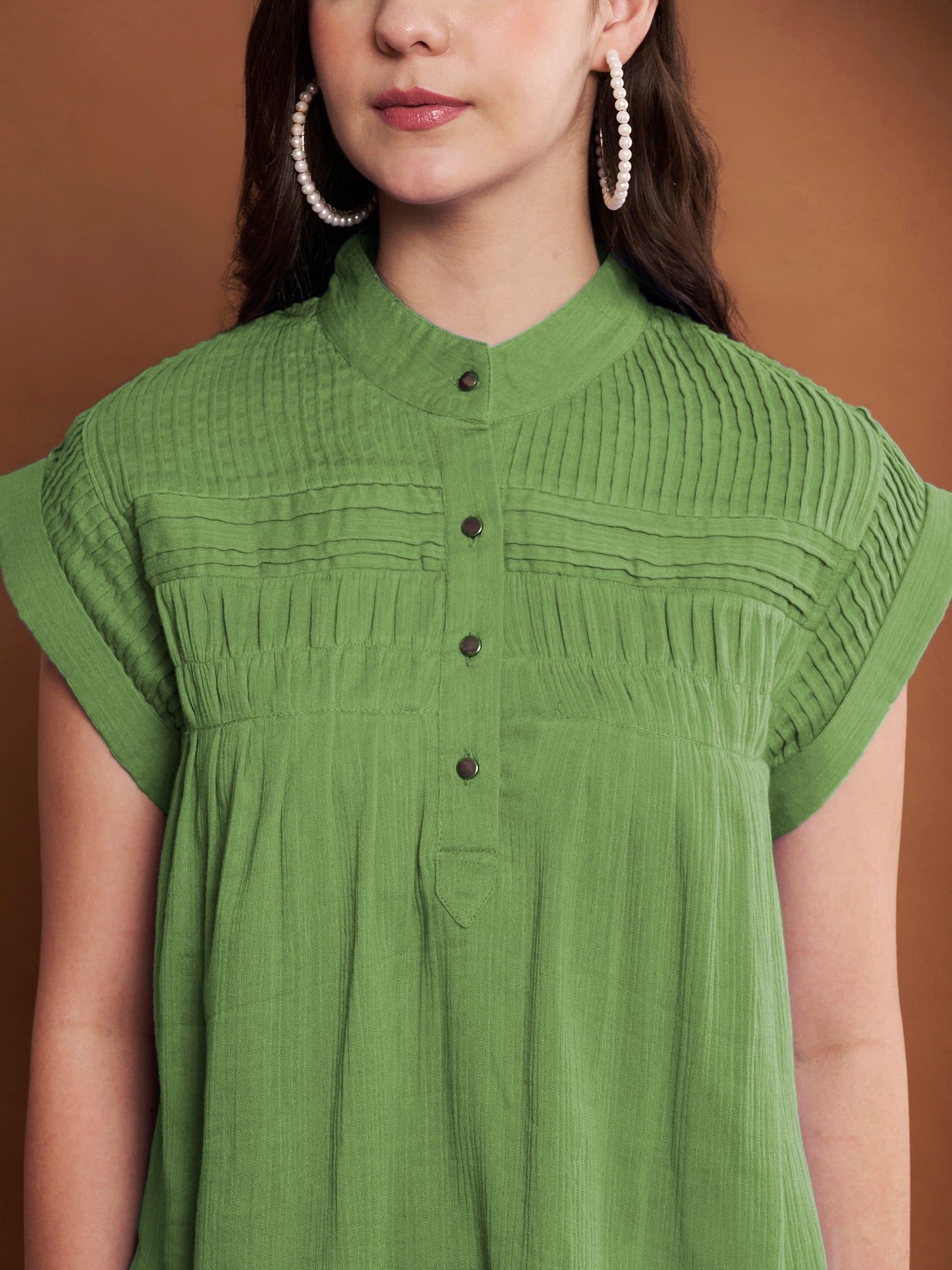 Green Mandarin Collar Sleeveless Pleated Yoke 100% Cotton Top for Women