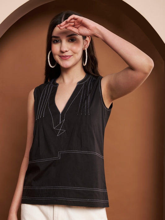 Blue cotton pleated top for women – mandarin collar