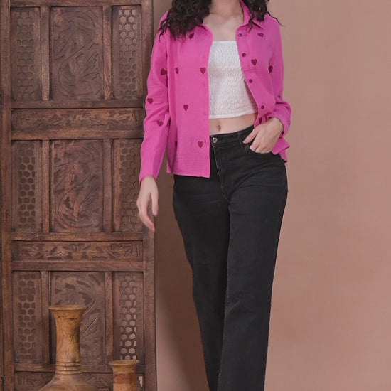 Pink Cotton Shirt with Maroon Heart Embroidery video