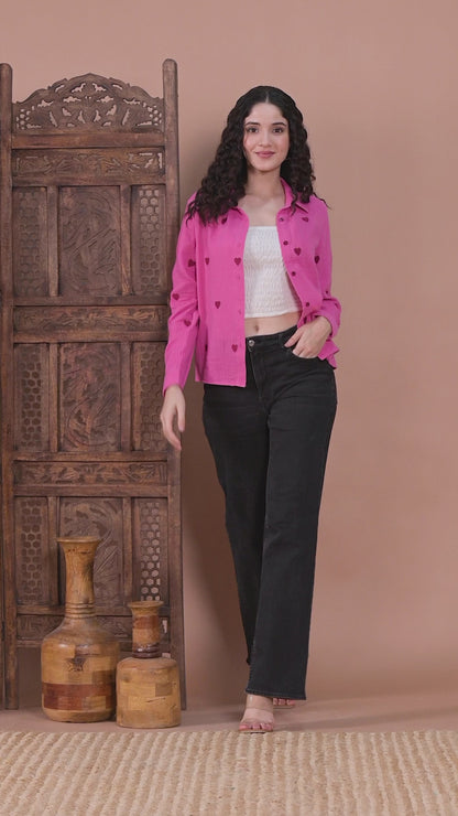 Pink Cotton Shirt with Maroon Heart Embroidery video